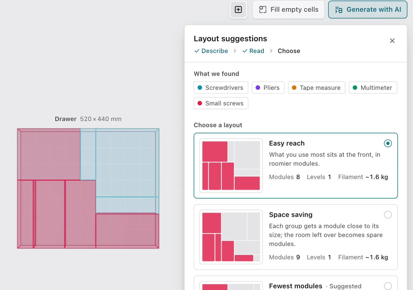 The editor’s Layout suggestions panel: the items it found in a workshop drawer and the layouts it planned, each with its modules, levels and filament, previewed in the drawer