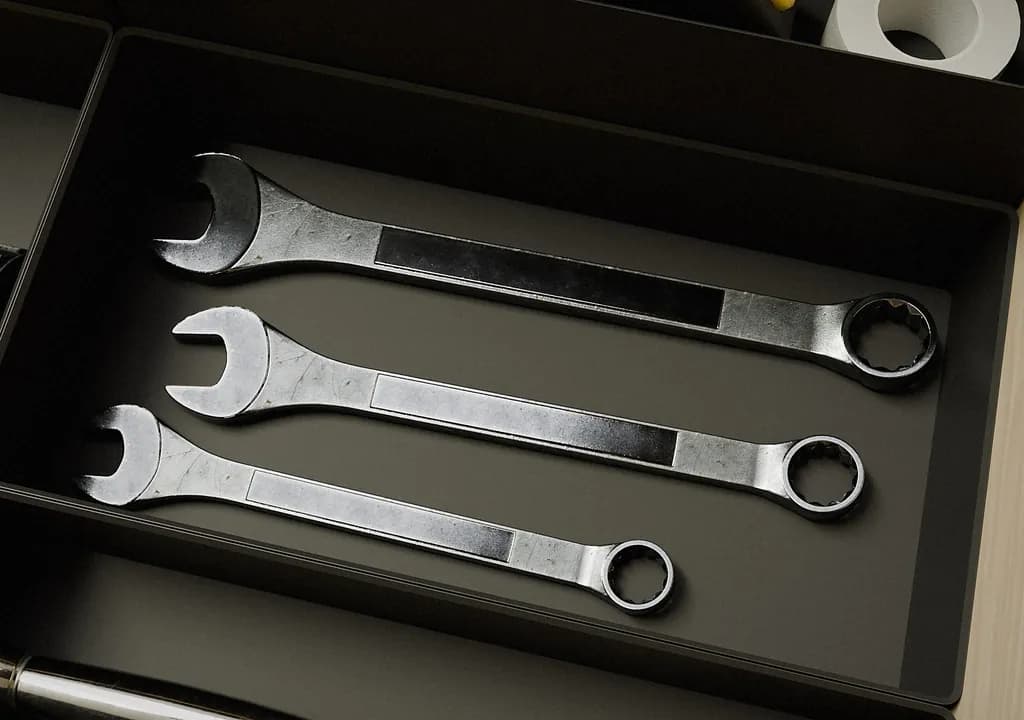 Wrenches lying in a compartment shaped around them