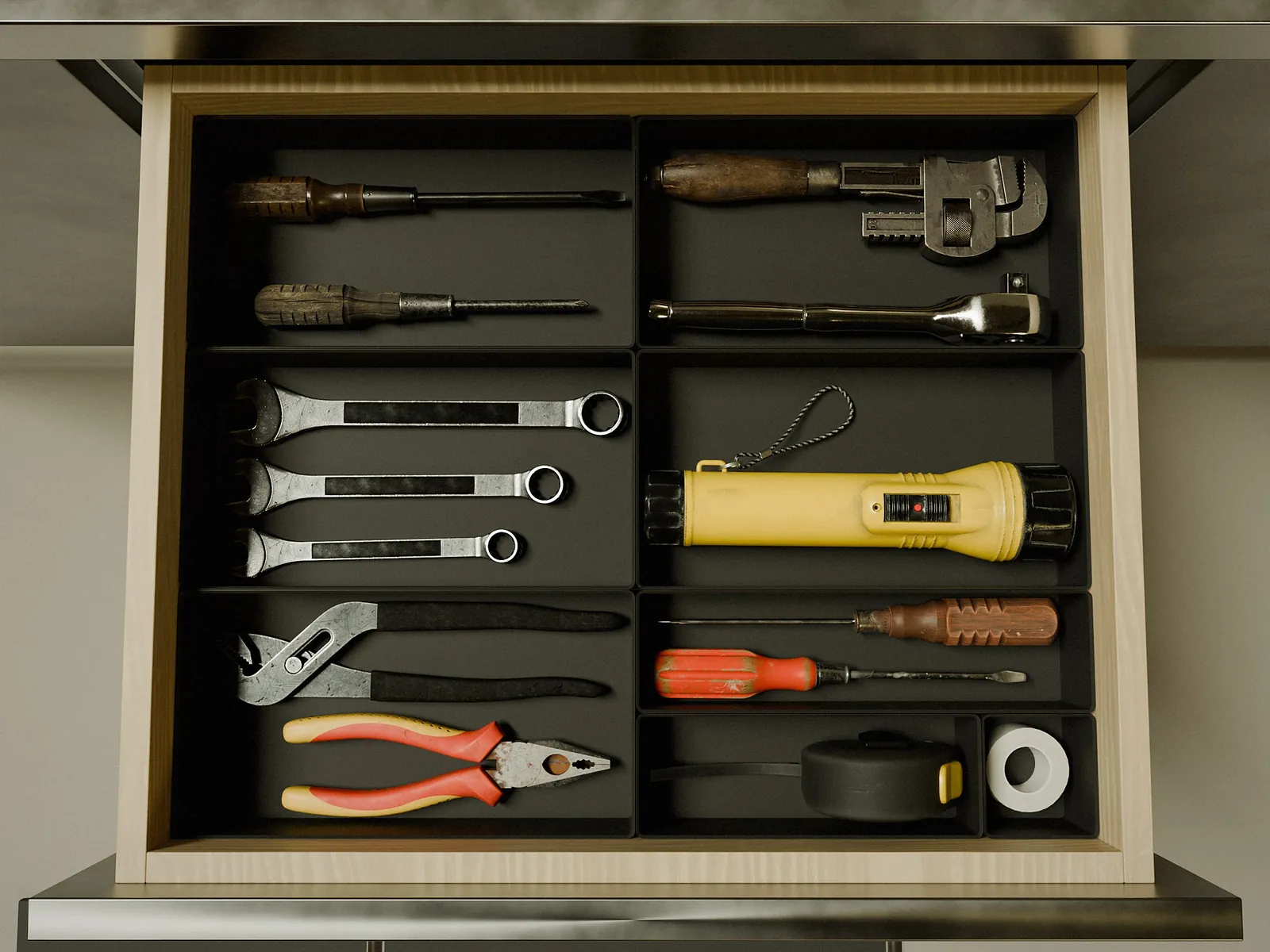 An organizer fitted wall to wall in a workshop drawer, seen from above